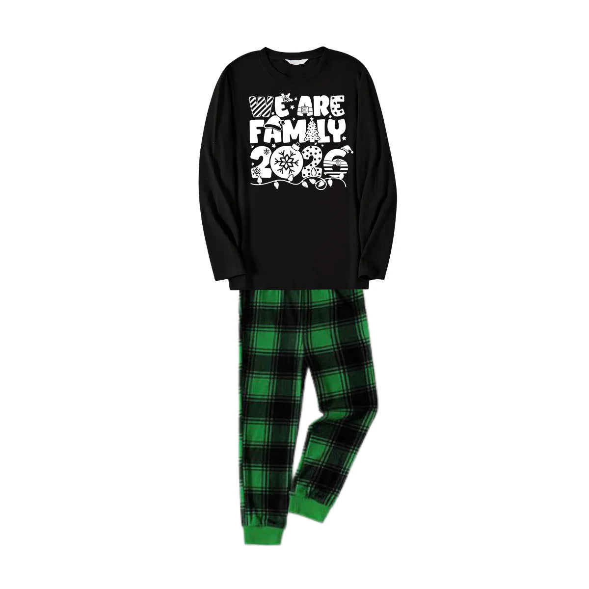 We Are Family 2026 Christmas Pajamas Set - Black Top Green and Black Plaid Pants White Text Graphic