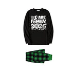 We Are Family 2026 Christmas Pajamas Set - Black Top Green and Black Plaid Pants White Text Graphic