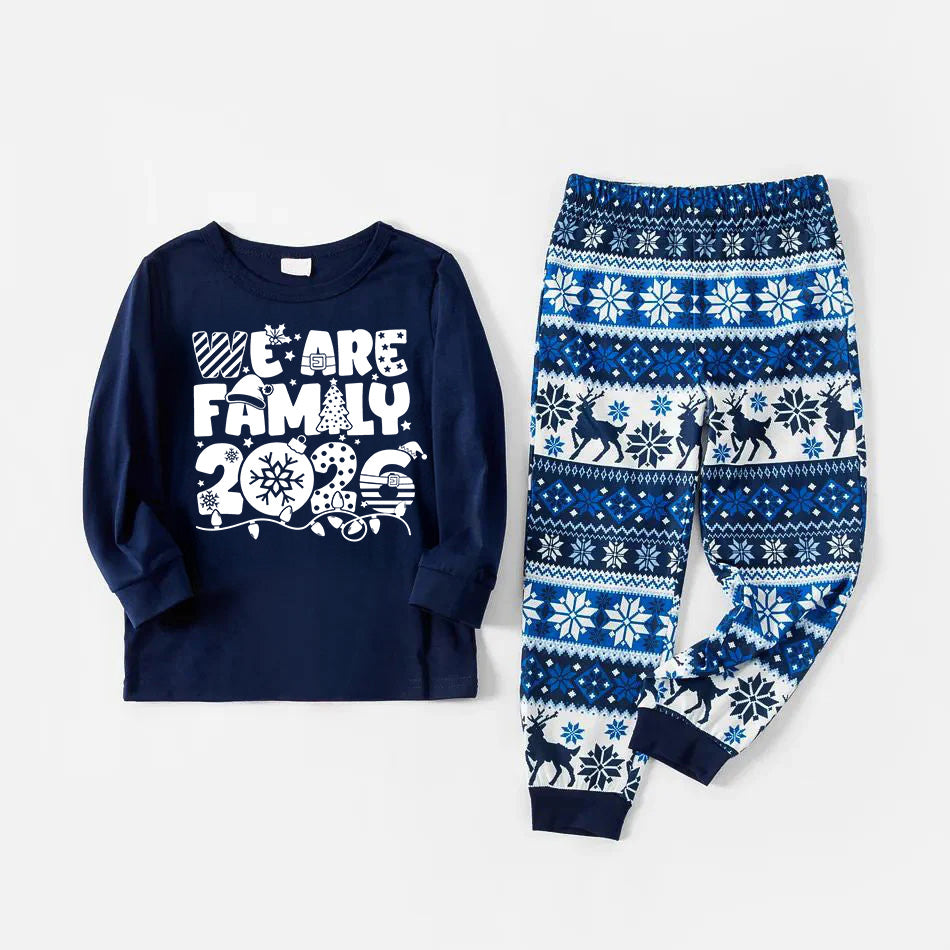 We Are Family 2026 Christmas Pajamas Set - Navy Top Blue and White Nordic Pattern Pants White Text Graphic