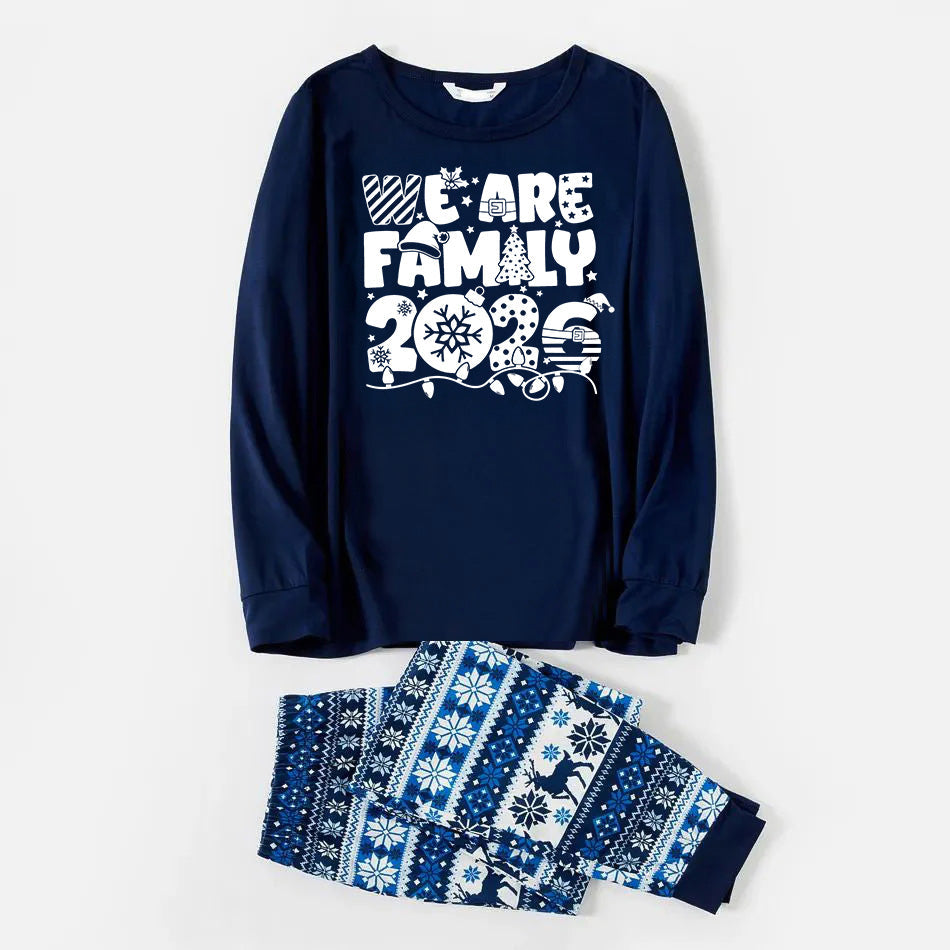 We Are Family 2026 Christmas Pajamas Set - Navy Top Blue and White Nordic Pattern Pants White Text Graphic