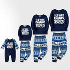 We Are Family 2026 Christmas Pajamas Set - Navy Top Blue and White Nordic Pattern Pants White Text Graphic