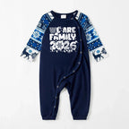We Are Family 2026 Christmas Pajamas Set - Navy Top Blue and White Nordic Pattern Pants White Text Graphic