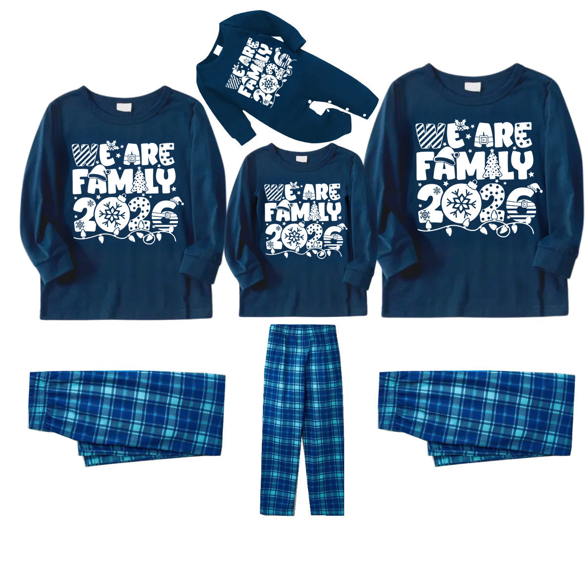 We Are Family 2026 Christmas Pajamas Set - Navy Top Blue Plaid Pants White Text Graphic