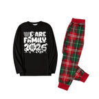 We Are Family 2026 Christmas Pajamas Set - Black Top Red and Green Plaid Pants White Text Graphic