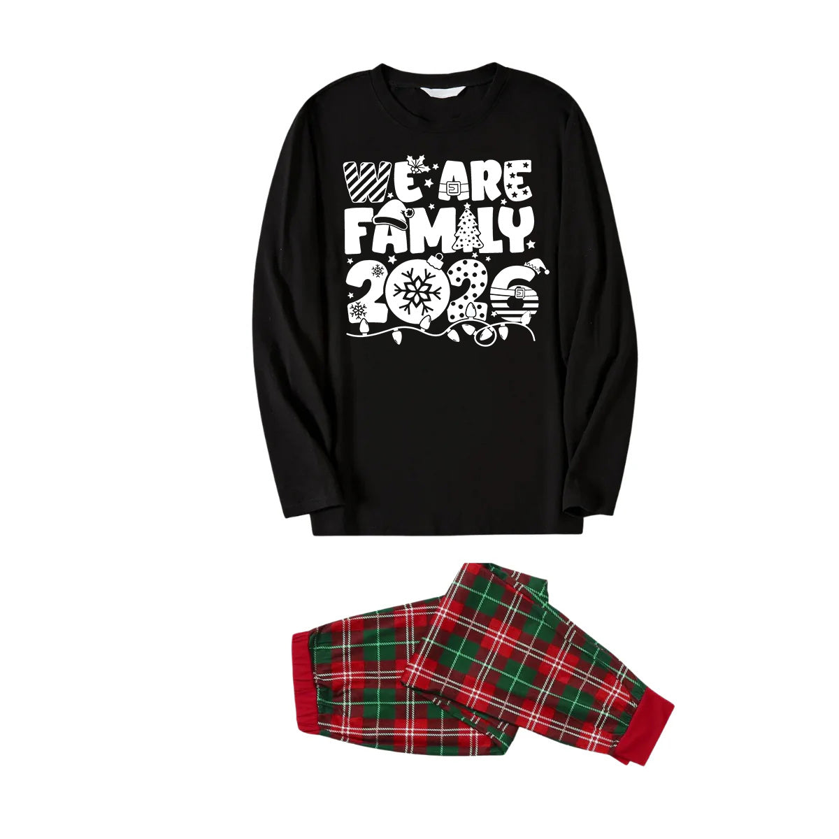 We Are Family 2026 Christmas Pajamas Set - Black Top Red and Green Plaid Pants White Text Graphic