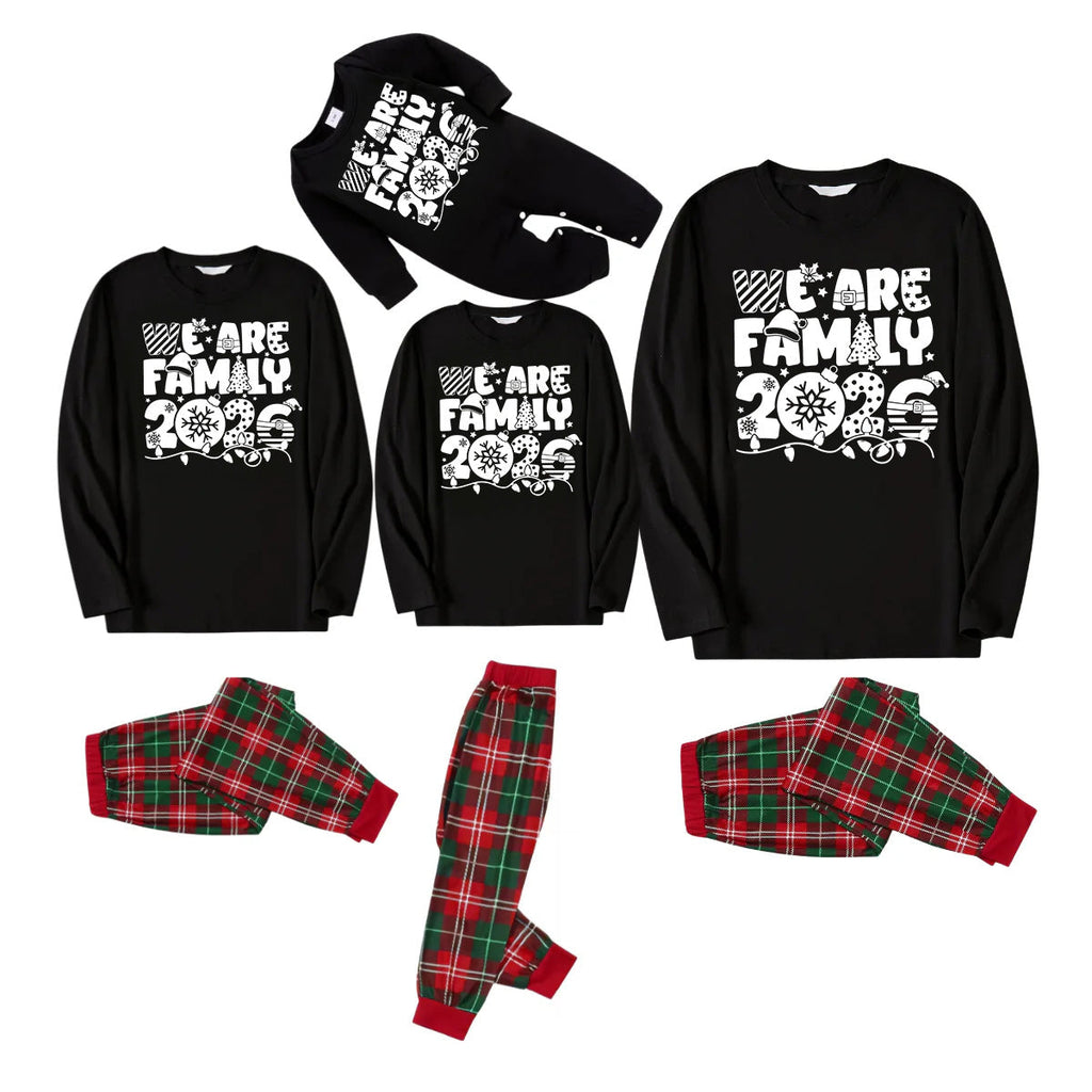 We Are Family 2026 Christmas Pajamas Set - Black Top Red and Green Plaid Pants White Text Graphic