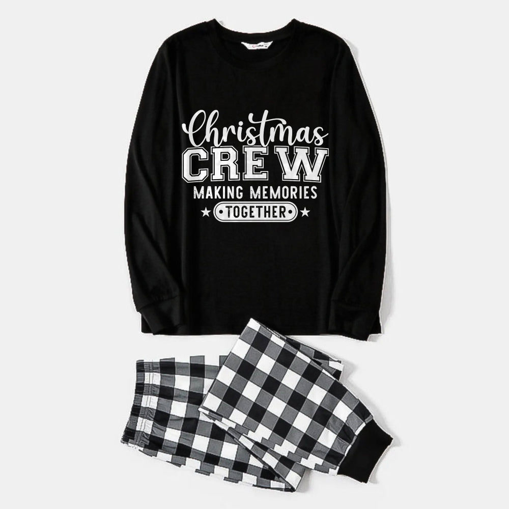 Black and White Plaid Christmas Pajamas Set With "Christmas Crew Making Memories Together" Black & White Text Print