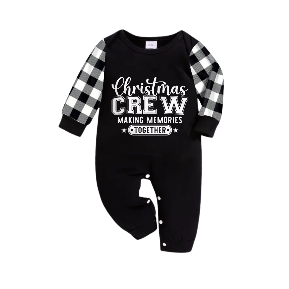 Black and White Plaid Christmas Pajamas Set With "Christmas Crew Making Memories Together" Black & White Text Print