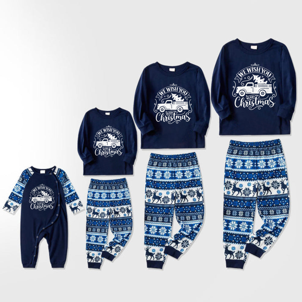 Joyful Blue Christmas Pajamas Set  With Christmas Tree and Car Print