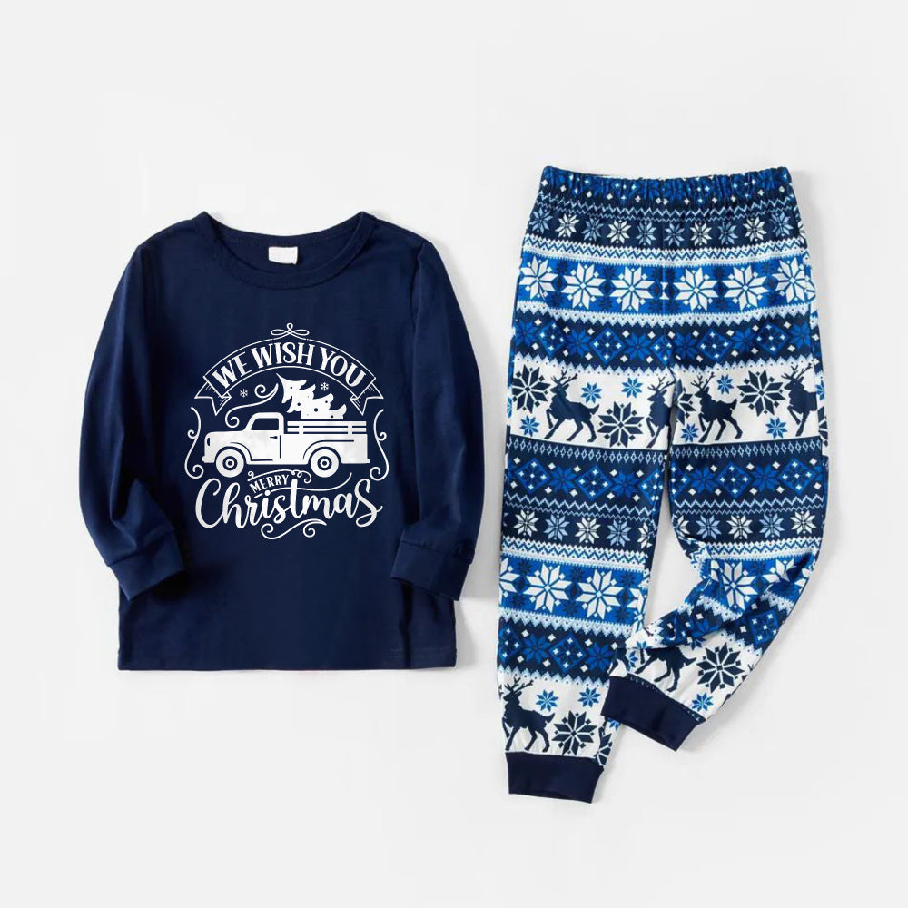 Joyful Blue Christmas Pajamas Set  With Christmas Tree and Car Print