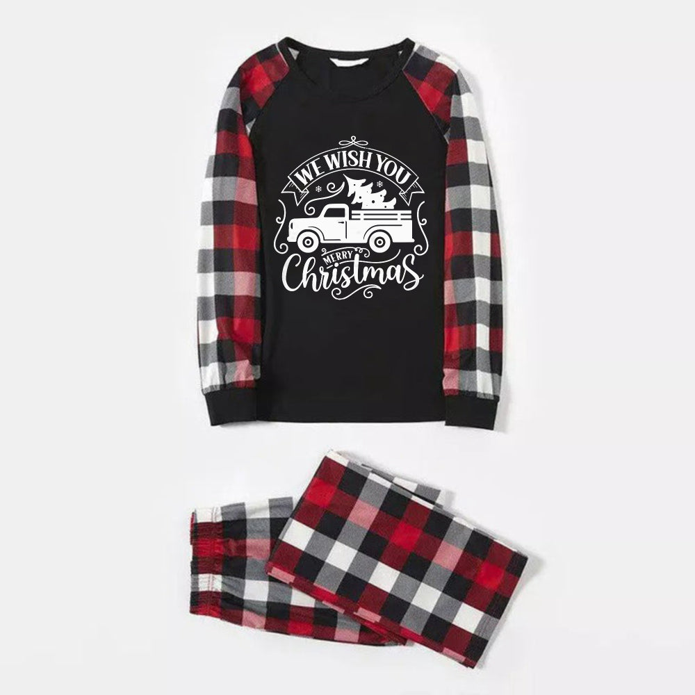 Christmas Family Matching Pajamas-Red and Gray Plaid Pjs set with "We Wish You A Merry Christmas" Artistic Font Slogan Print
