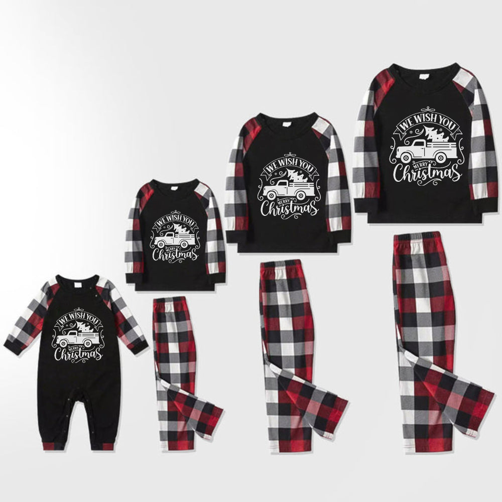 Christmas Family Matching Pajamas-Red and Gray Plaid Pjs set with "We Wish You A Merry Christmas" Artistic Font Slogan Print