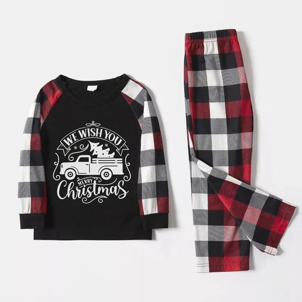 Christmas Family Matching Pajamas-Red and Gray Plaid Pjs set with "We Wish You A Merry Christmas" Artistic Font Slogan Print