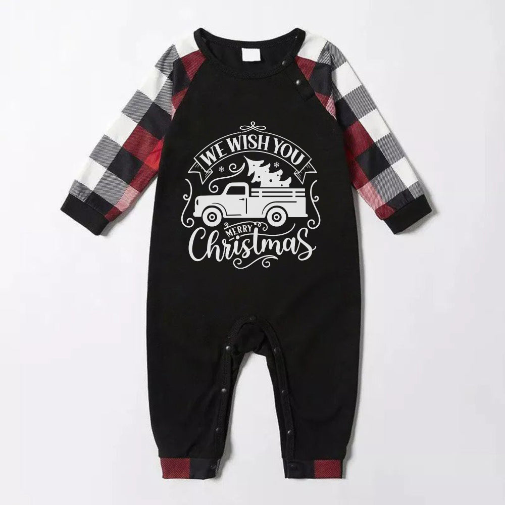 Christmas Family Matching Pajamas-Red and Gray Plaid Pjs set with "We Wish You A Merry Christmas" Artistic Font Slogan Print