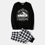 Black and White Plaid Christmas Pajamas Set With Car and "We Wish You A Merry Christmas" Text Print