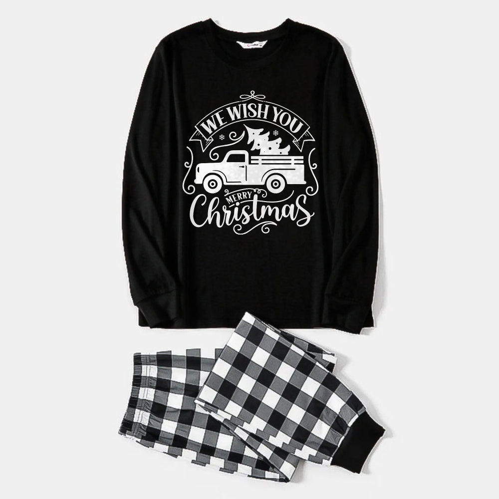 Black and White Plaid Christmas Pajamas Set With Car and "We Wish You A Merry Christmas" Text Print