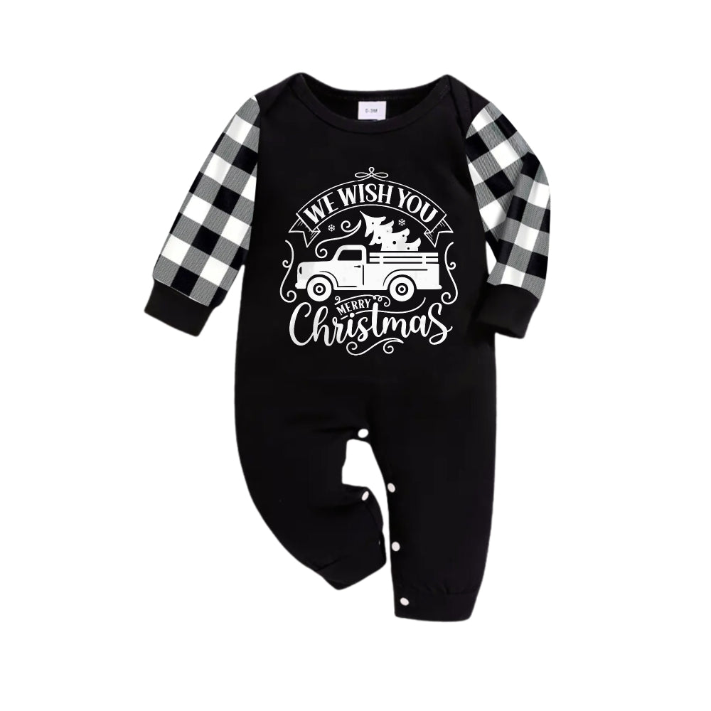 Black and White Plaid Christmas Pajamas Set With Car and "We Wish You A Merry Christmas" Text Print