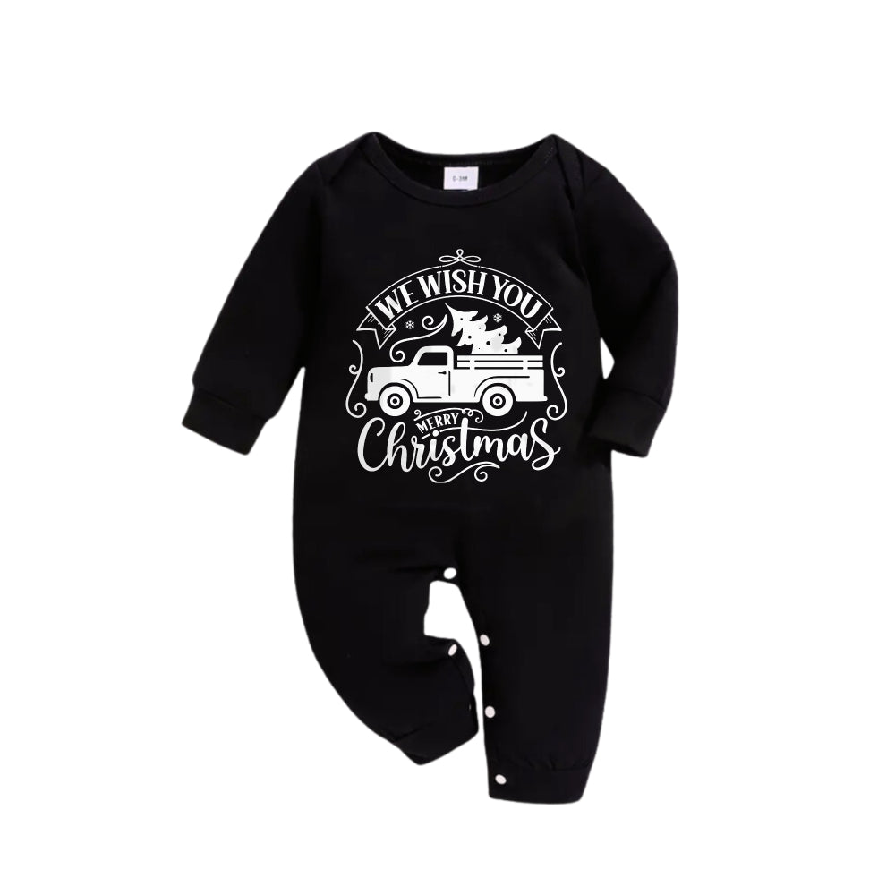 Christmas Family Matching Pajamas-Black Top and Green Plaid Pants Pjs Set with "We Wish You A Merry Christmas" and Christmas Car Pattern Print