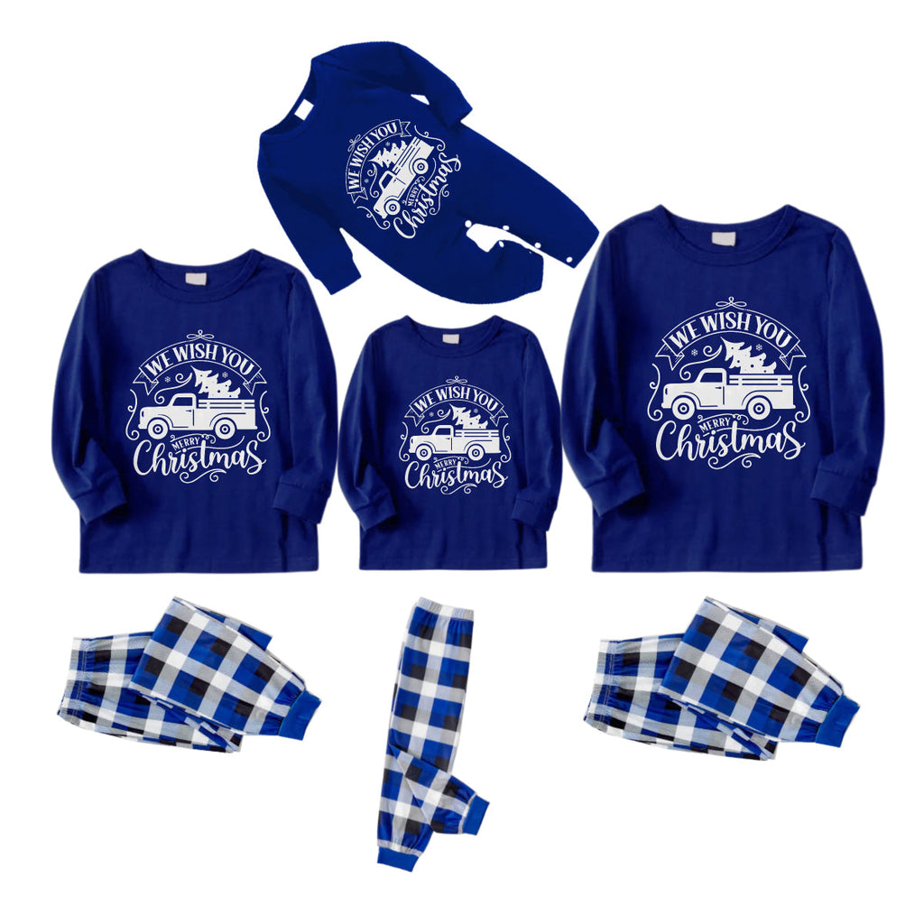 Christmas Family Matching Pajamas-Navy & White Plaid Pjs Set with Christmas Car and "We Wish You A Merry Christmas" Print