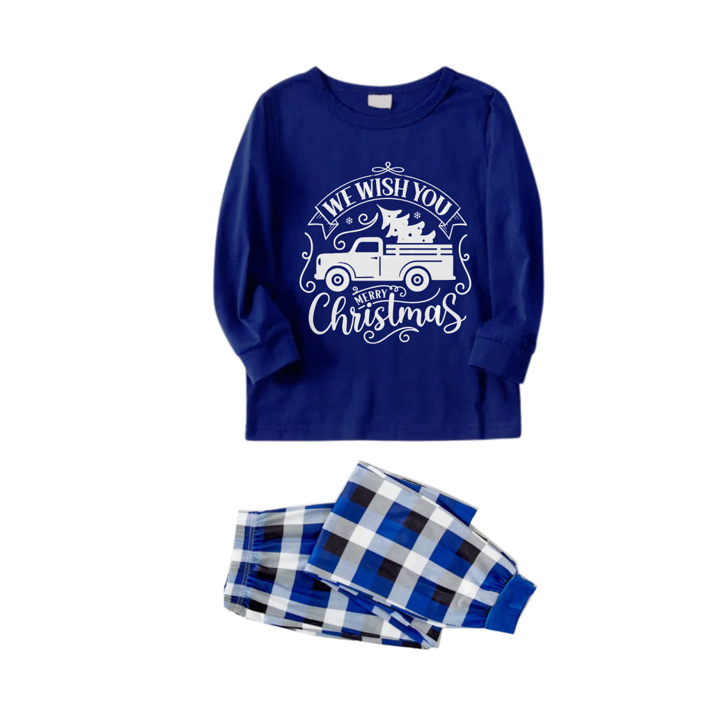 Christmas Family Matching Pajamas-Navy & White Plaid Pjs Set with Christmas Car and "We Wish You A Merry Christmas" Print