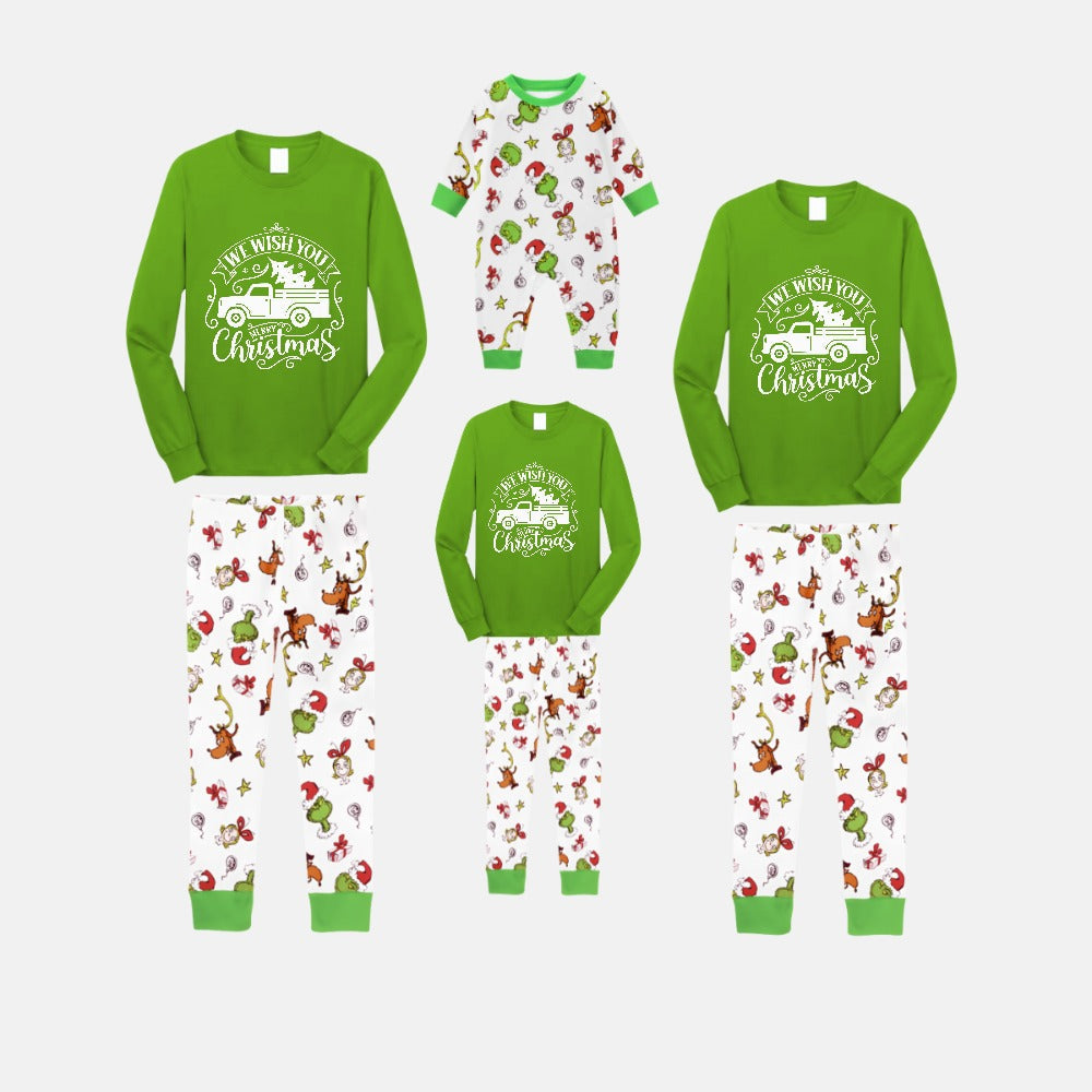 Christmas Family Matching Pajamas-Green Top and Grinch Pants Pjs Set with "We Wish You Merry Christmas" and Christmas Car Pattern Print