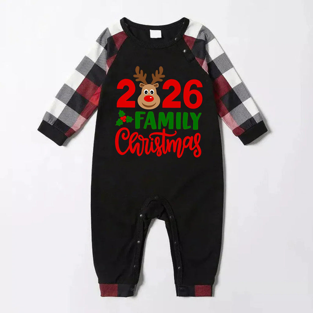 "2026 Family Christmas" Moose Letter Prints Red & Black & Grey & White Plaid Family Matching Pajamas