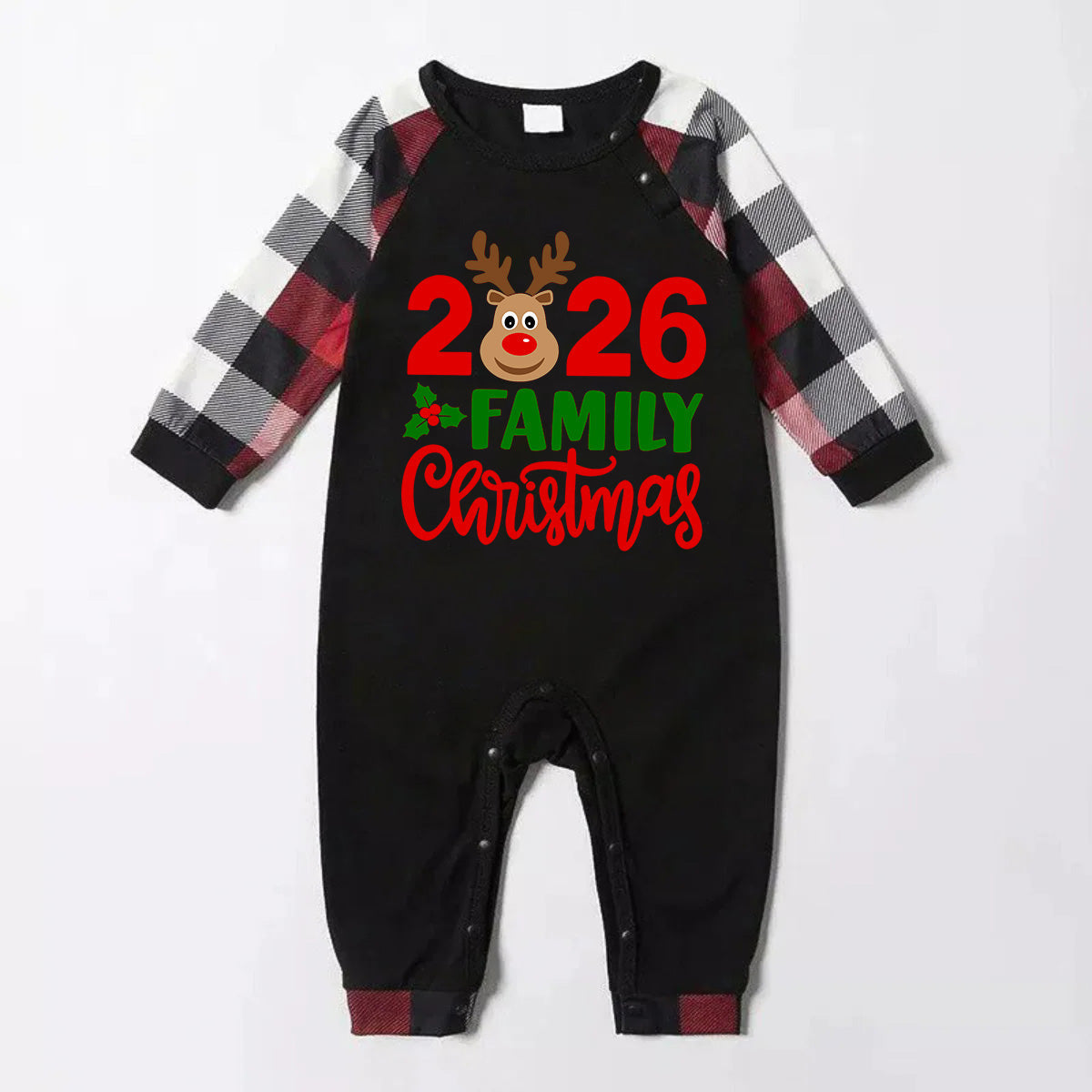 "2026 Family Christmas" Moose Letter Prints Red & Black & Grey & White Plaid Family Matching Pajamas