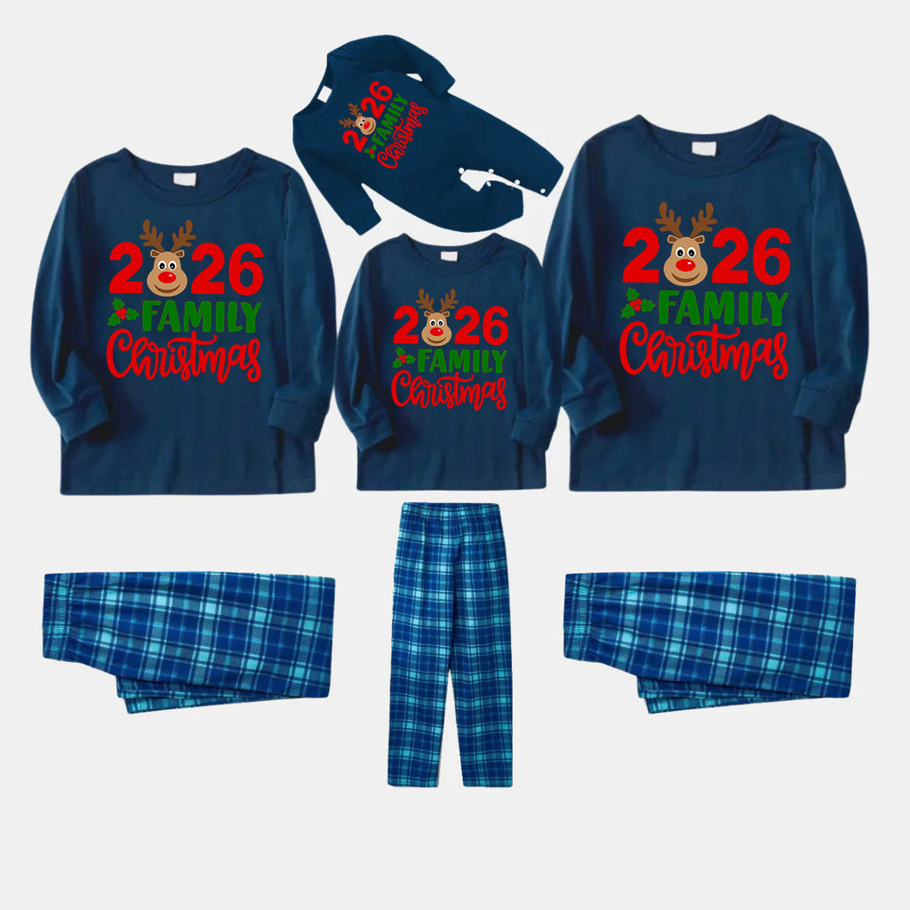 "2026 Family Christmas" Moose Letter Print Blue Plaid Christmas Matching Pajamas