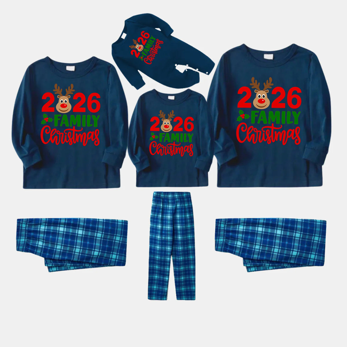 "2026 Family Christmas" Moose Letter Print Blue Plaid Christmas Matching Pajamas