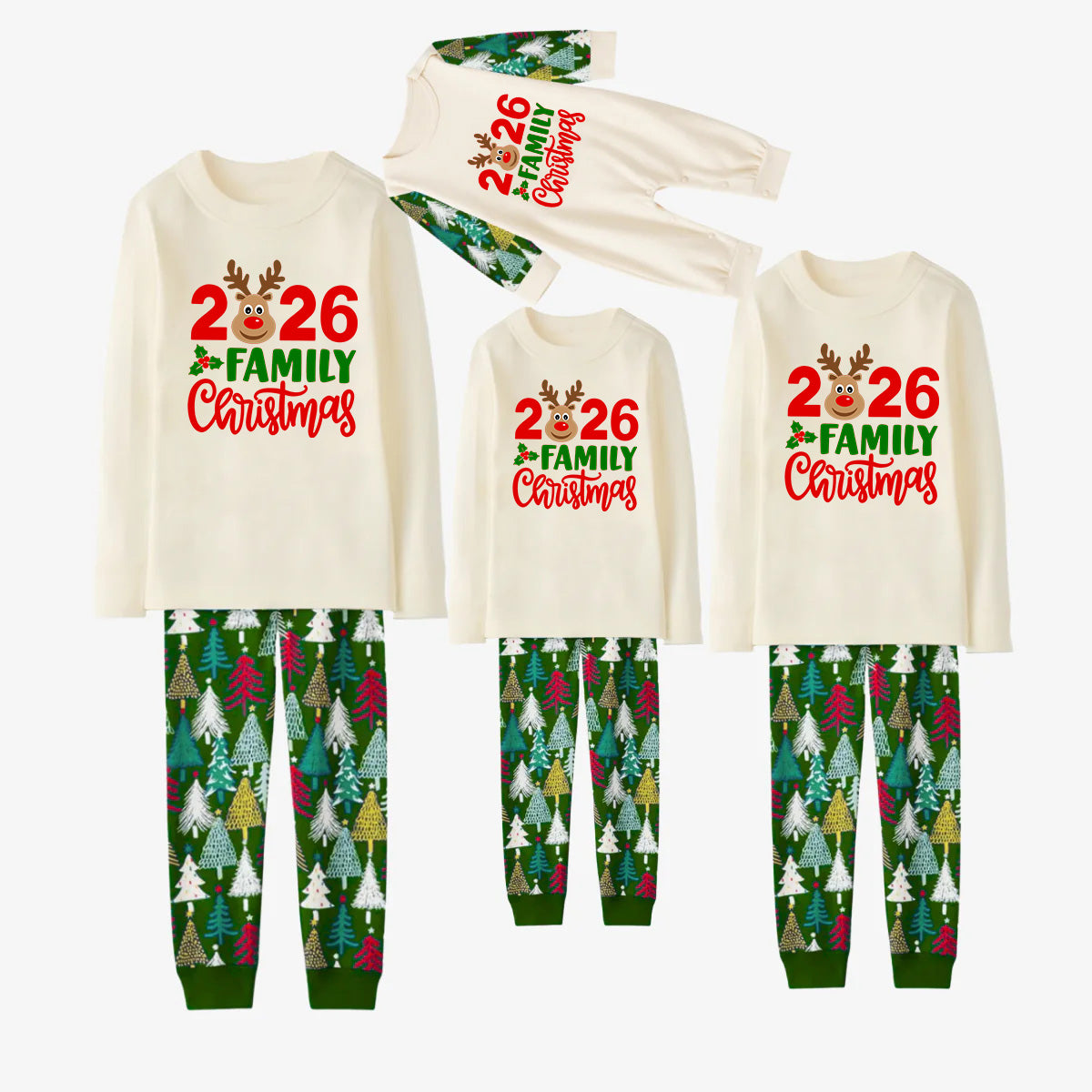 2026 Family Matching Christmas Pajamas-Cream Tops & Christmas Tree Pants
