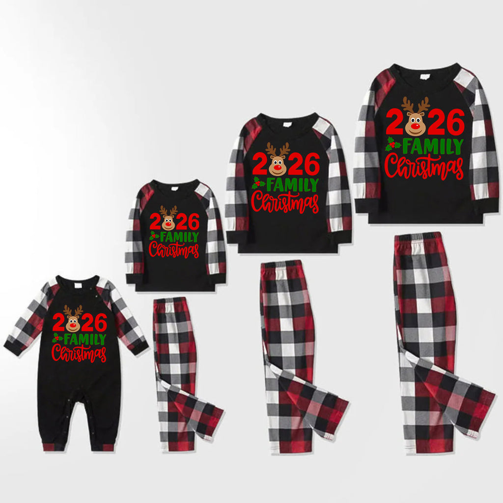 "2026 Family Christmas" Moose Letter Prints Red & Black & Grey & White Plaid Family Matching Pajamas