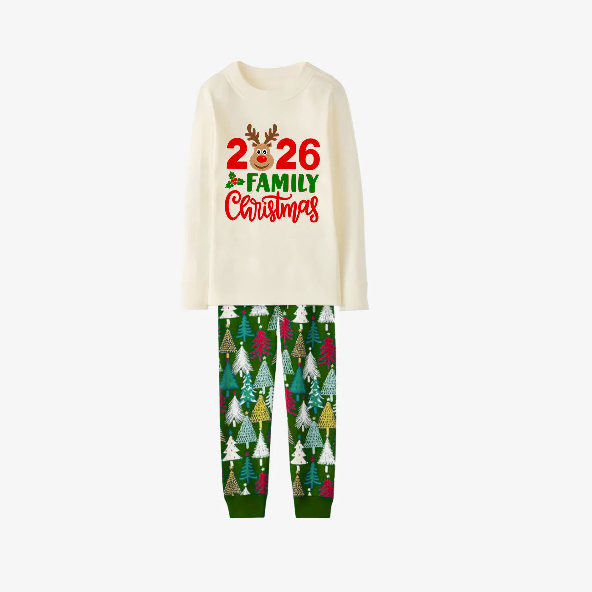 2026 Family Matching Christmas Pajamas-Cream Tops & Christmas Tree Pants
