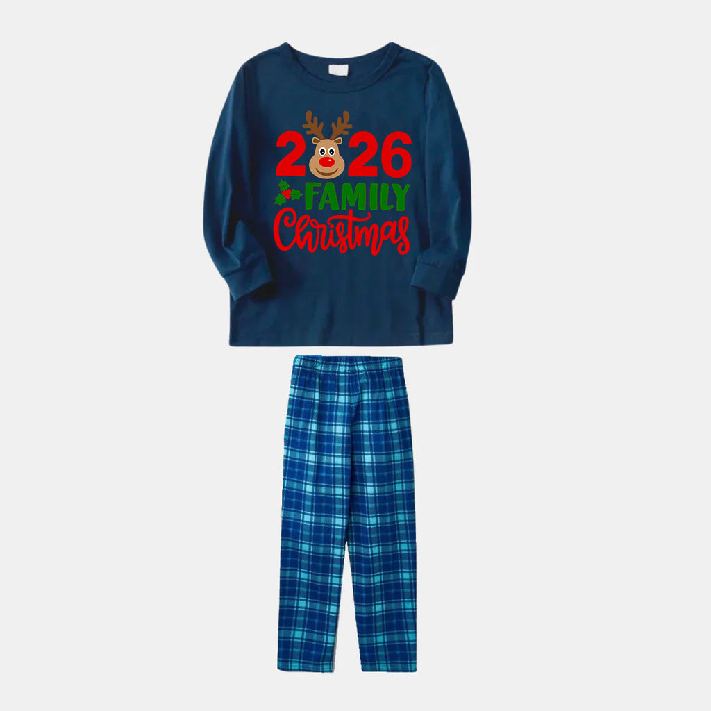 "2026 Family Christmas" Moose Letter Print Blue Plaid Christmas Matching Pajamas