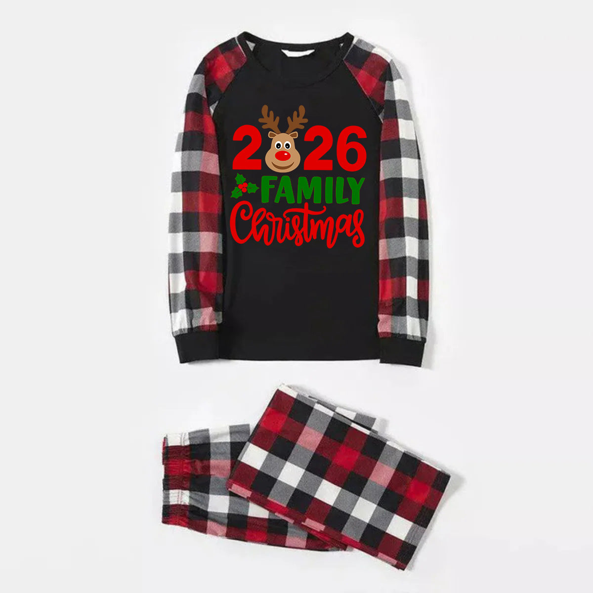 "2026 Family Christmas" Moose Letter Prints Red & Black & Grey & White Plaid Family Matching Pajamas