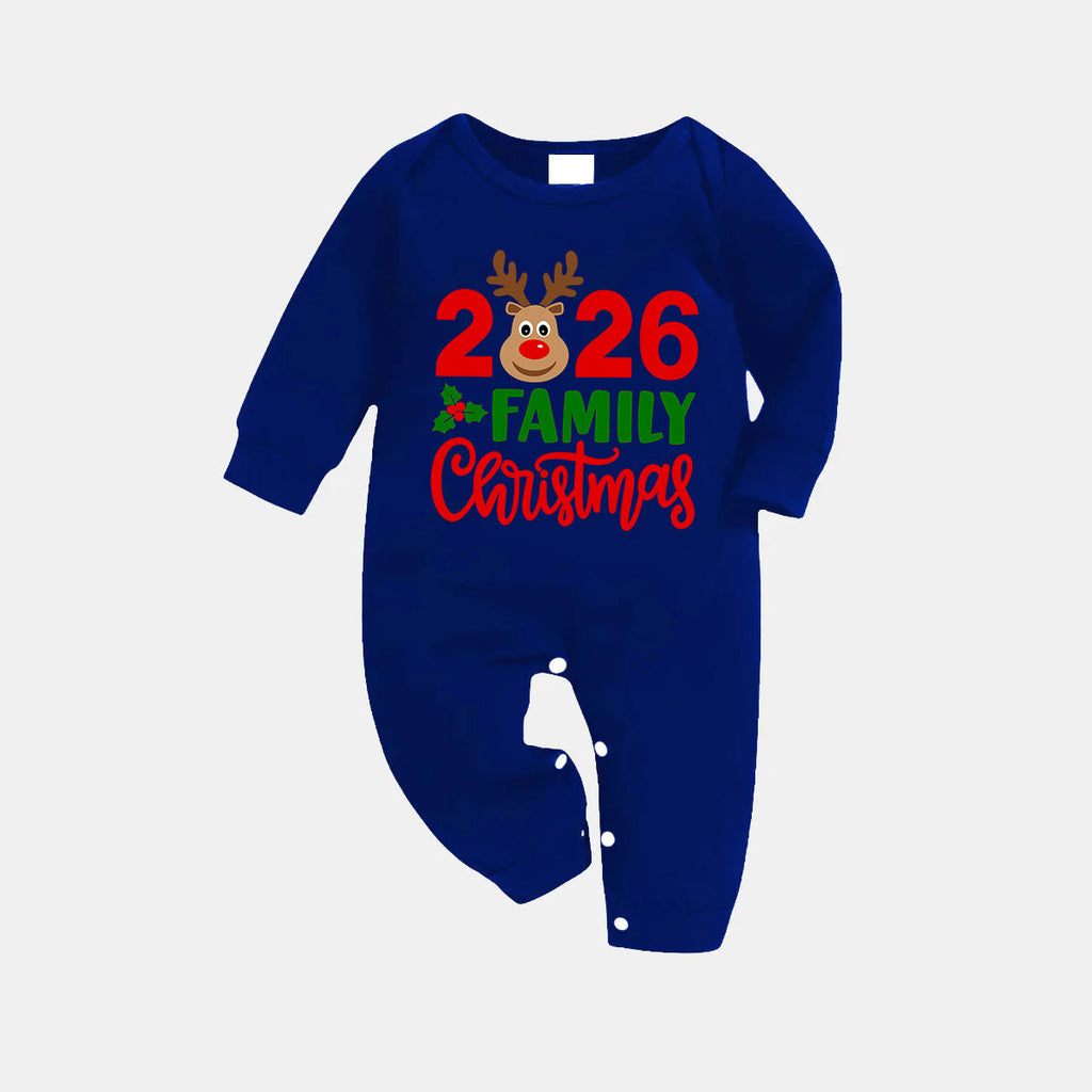 "Family Christmas 2026" Text and Deer Printed Blue and White Plaid Family Matching Pajamas