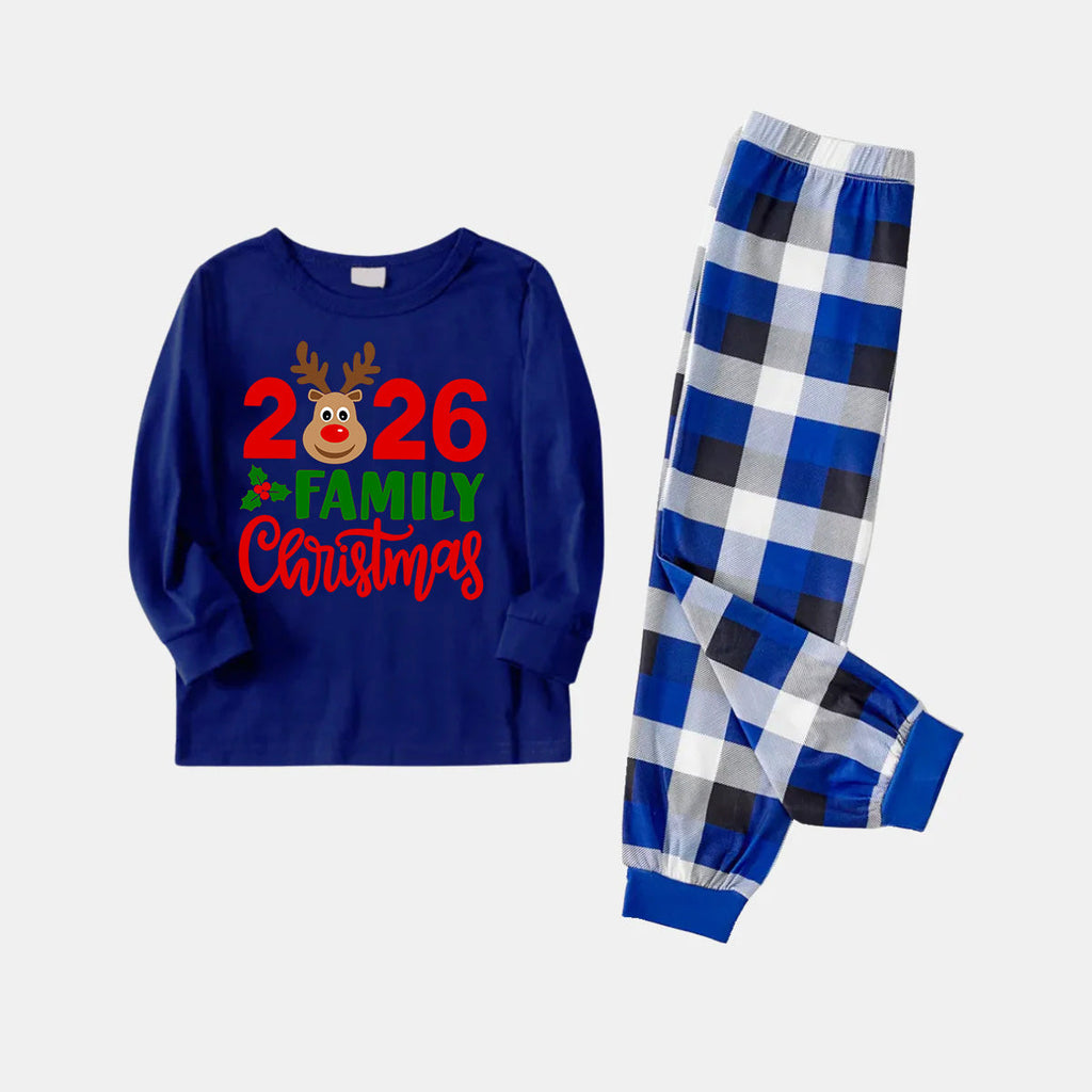 "Family Christmas 2026" Text and Deer Printed Blue and White Plaid Family Matching Pajamas