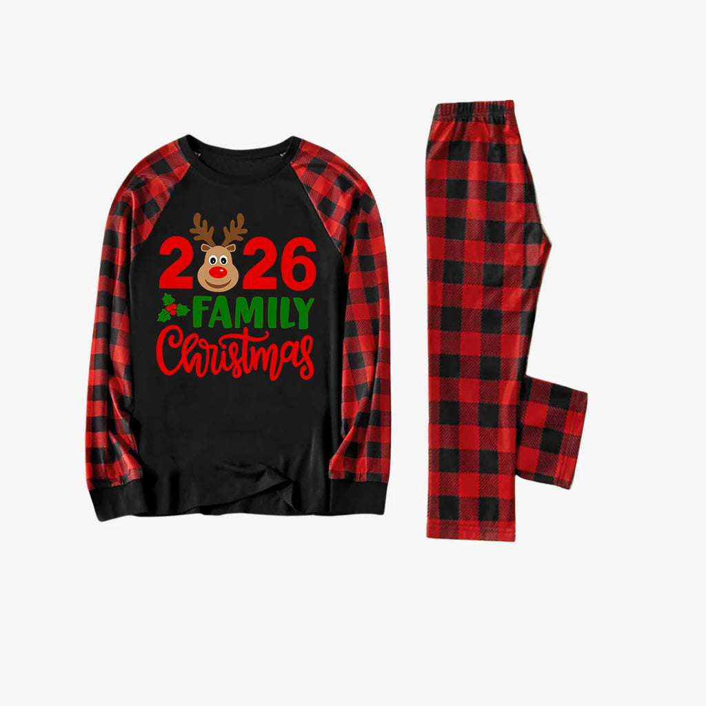 "2026 Family Christmas" Moose Letter Prints Black & Red Plaid Family Matching Black Pajamas