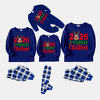 "Family Christmas 2026" Text and Deer Printed Blue and White Plaid Family Matching Pajamas