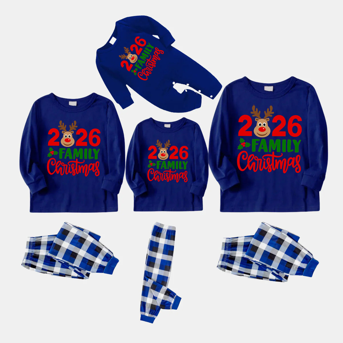"Family Christmas 2026" Text and Deer Printed Blue and White Plaid Family Matching Pajamas