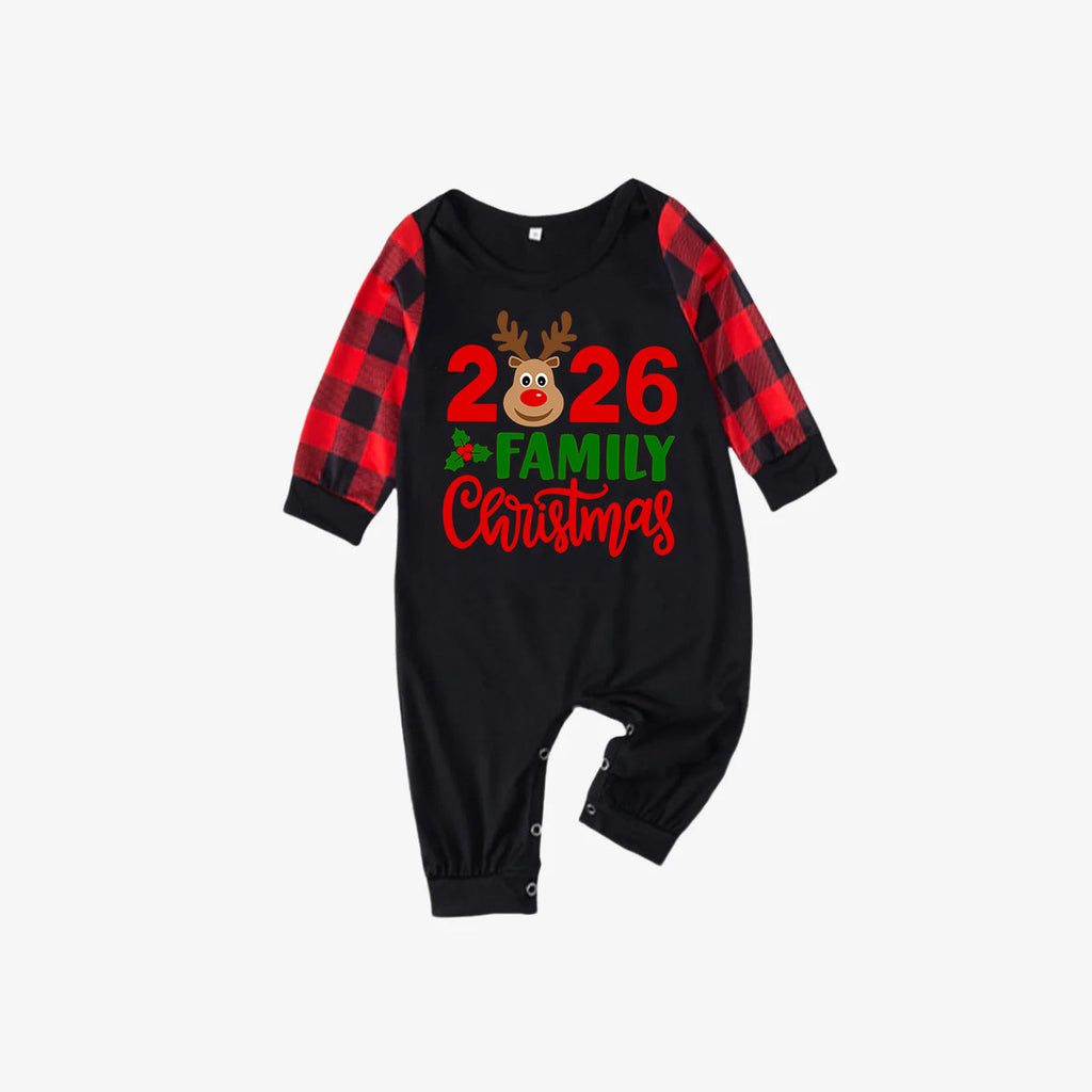 "2026 Family Christmas" Moose Letter Prints Black & Red Plaid Family Matching Black Pajamas