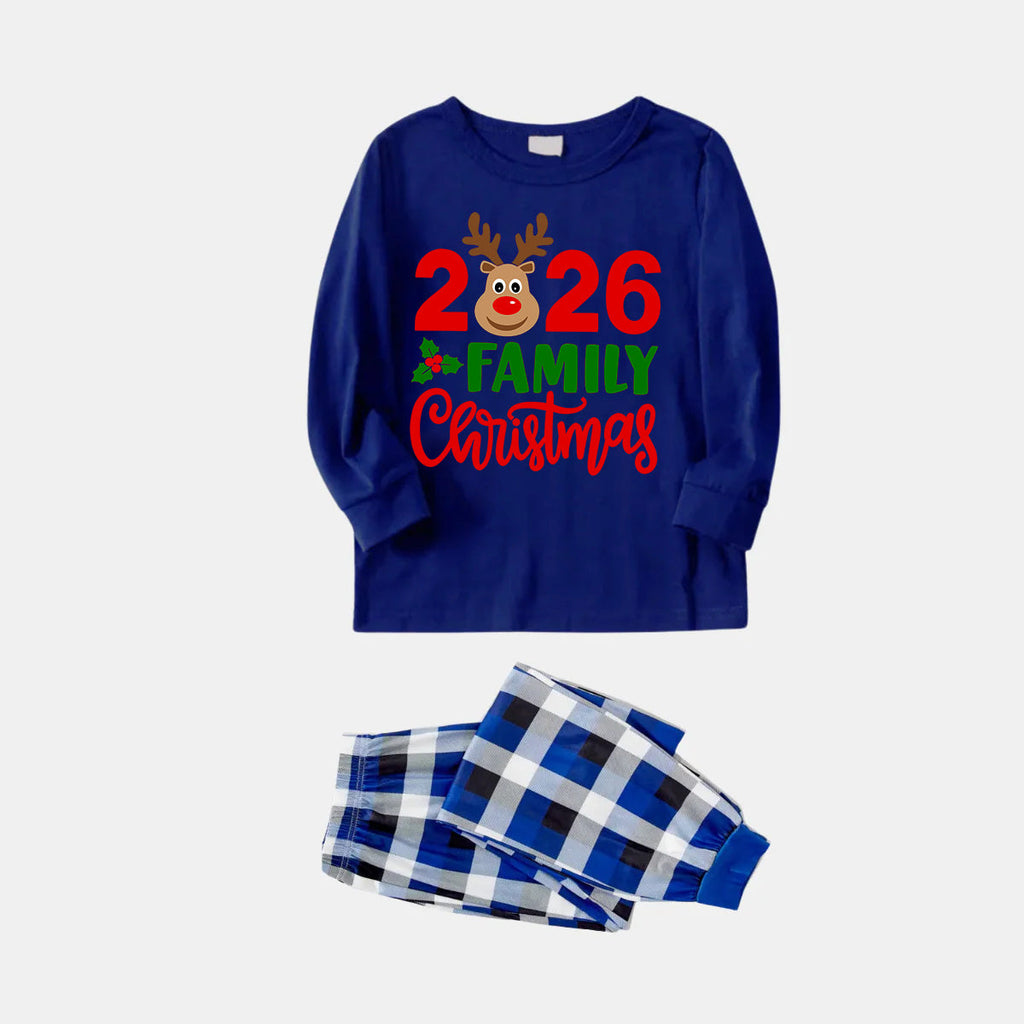 "Family Christmas 2026" Text and Deer Printed Blue and White Plaid Family Matching Pajamas