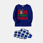 "Family Christmas 2026" Text and Deer Printed Blue and White Plaid Family Matching Pajamas