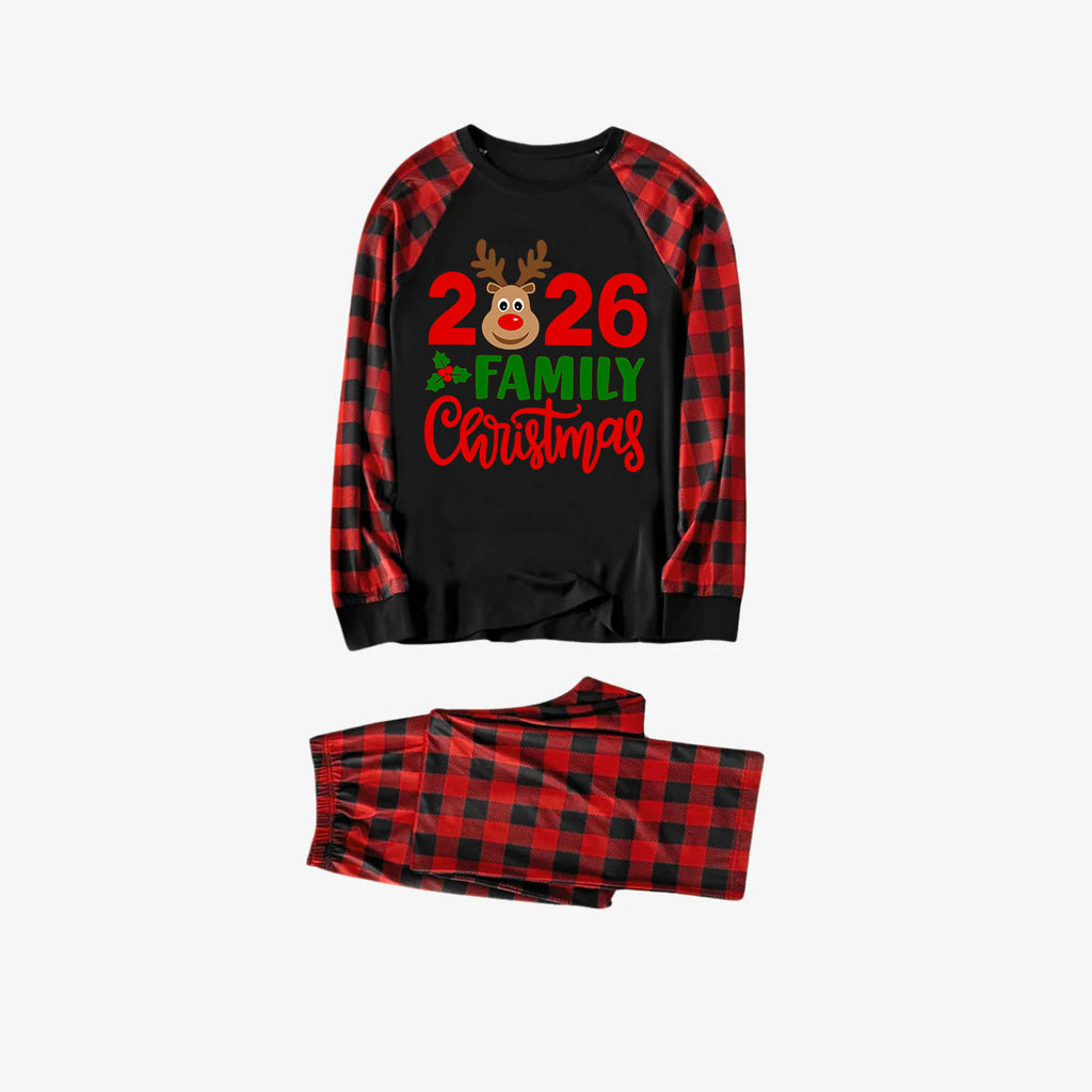 "2026 Family Christmas" Moose Letter Prints Black & Red Plaid Family Matching Black Pajamas