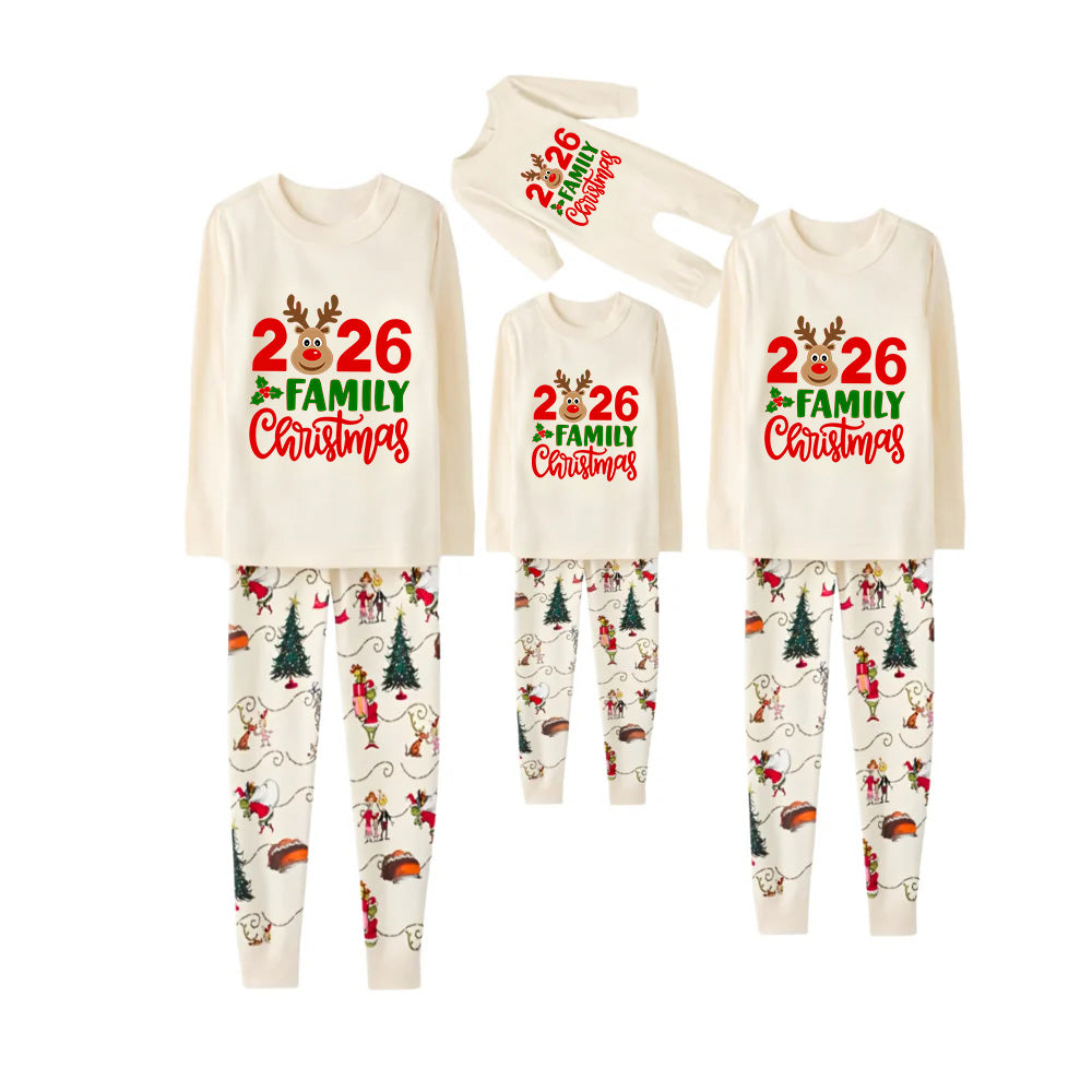 Beige Christmas Pattern Print Christmas Pajamas Set With 2026 Christmas Slogan Print