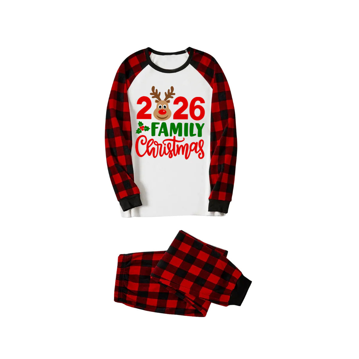 2026 Reindeer Family Christmas Family Pajamas Set - White Top / Red Plaid Pants / Red Plaid Sleeves