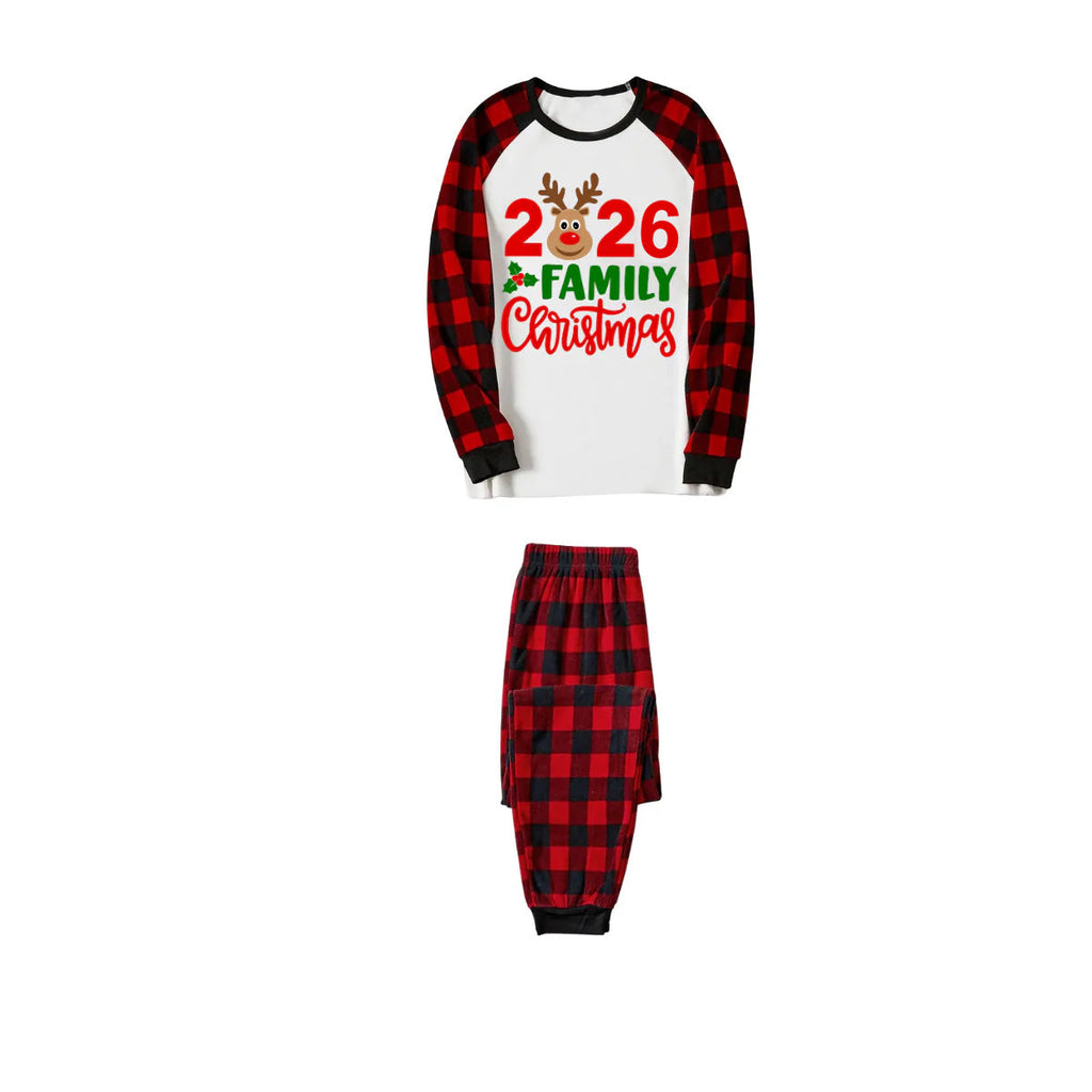 2026 Reindeer Family Christmas Family Pajamas Set - White Top / Red Plaid Pants / Red Plaid Sleeves