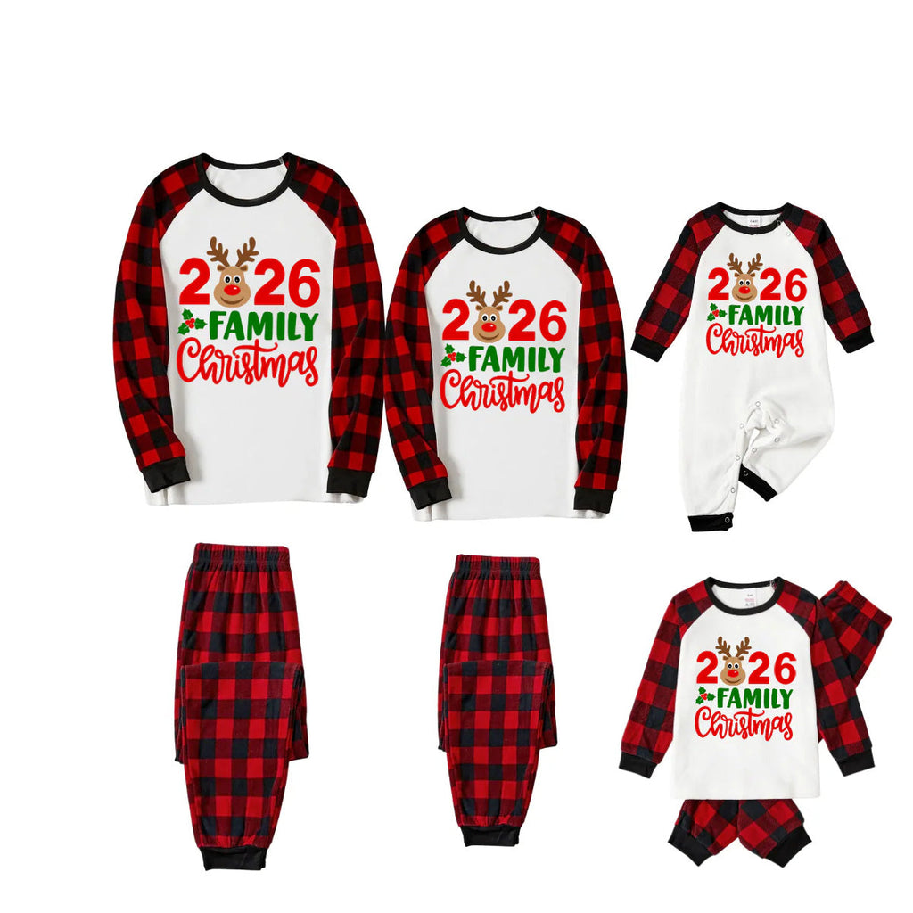 2026 Reindeer Family Christmas Family Pajamas Set - White Top / Red Plaid Pants / Red Plaid Sleeves