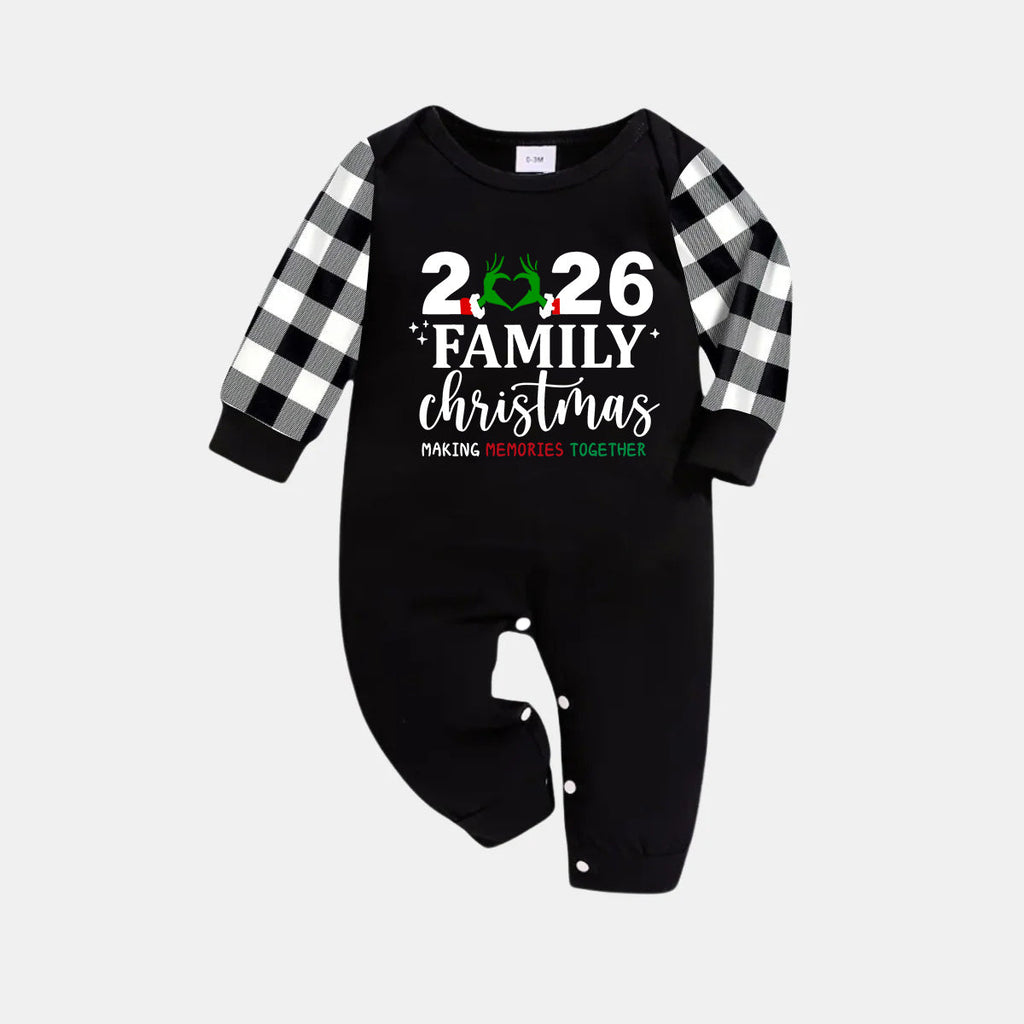 "2026 Family Christmas" Quirky Heart Letter Print Black Long Sleeve Top with Black And White Plaid Pants Family Matching Pajamas