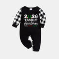 "2026 Family Christmas" Quirky Heart Letter Print Black Long Sleeve Top with Black And White Plaid Pants Family Matching Pajamas