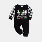"2026 Family Christmas" Quirky Heart Letter Print Black Long Sleeve Top with Black And White Plaid Pants Family Matching Pajamas